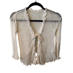 Back From Bali Women's White Ruffle Tie Front Sheer Knit Cardigan Sweater